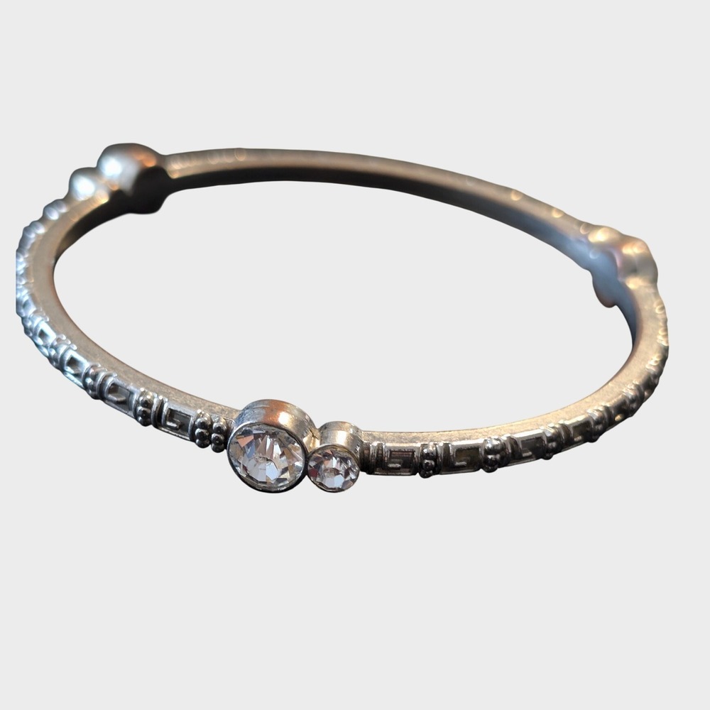 Vintage Silver Bangle Bracelet Greek Key Etched Crystal Hinged Stackable